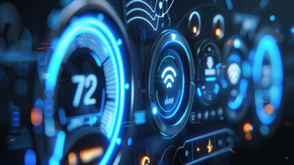 Obraz premium Close-up of a futuristic smart thermostat, with glowing icons indicating connected devices and optimized settings