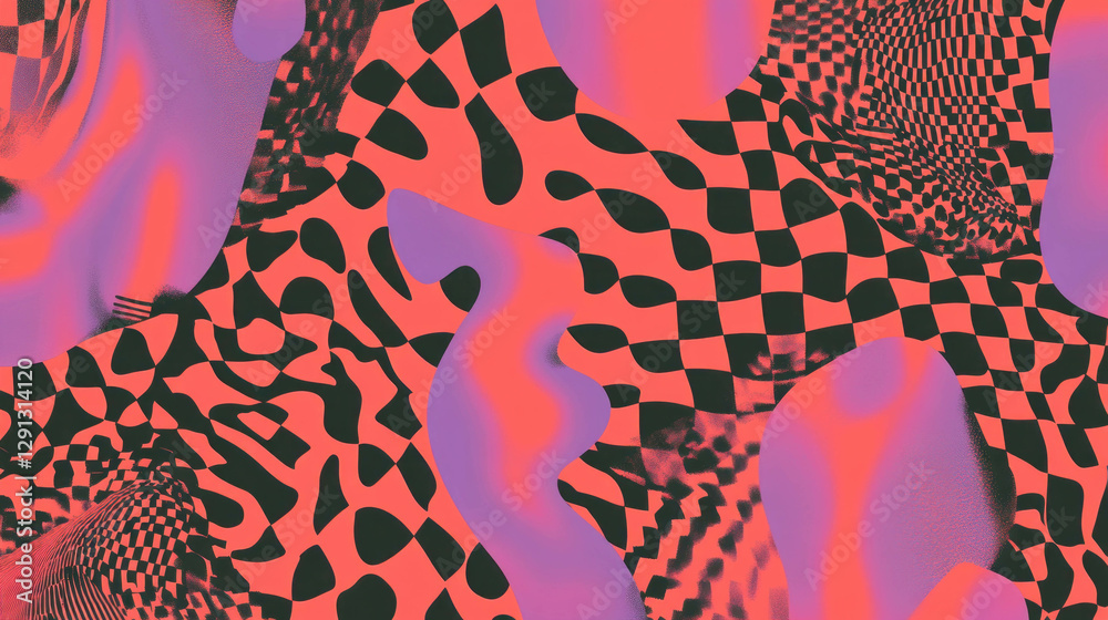 Poster Abstract checkerboard and squiggle patterns in vibrant colors