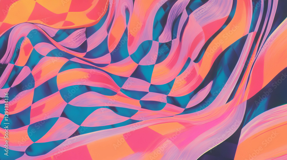 Poster vibrant checkerboard patterns with wavy lines for creative design and decoration