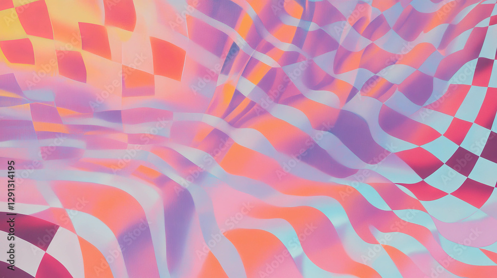 Poster Vibrant abstract background with checkerboard patterns and wavy lines for creative design