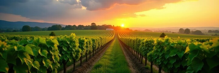 Fototapeta premium Rows of vineyards stretching towards the east as morning sunlight peeks over the horizon, peaceful, agriculture, serene