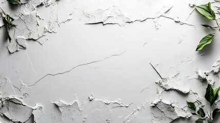 Obraz premium Textured White Background with Green Leaves: A Serene Minimalist Design