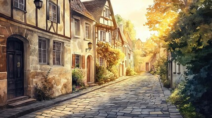 Obraz premium Charming cobblestone street with picturesque houses and vibrant greenery during a golden sunset.