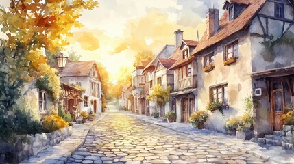 Fototapeta premium Charming street scene with quaint houses bathed in warm sunset light, exuding a nostalgic atmosphere.