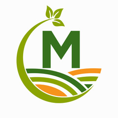 Initial Letter M Agriculture And Farming Logo Combine With Field and Leaf Symbol