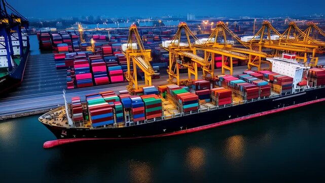 Cargo ship unloading containers at busy port during twilight hours in urban setting