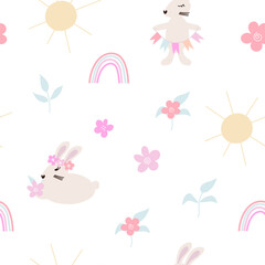Easter seamless pattern with rabbit and flowers