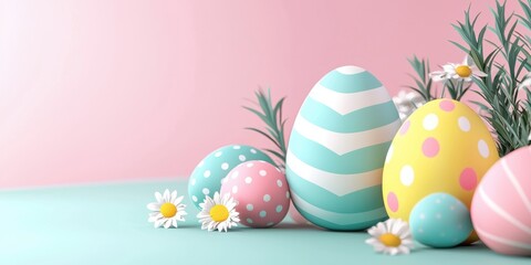 3d background minimalistic mockup with space for text, modern flat-style Easter design with simplified geometric shapes and bright pastel colors