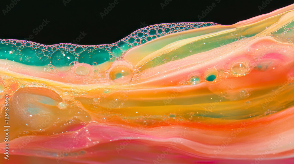 Poster Vibrant abstract pattern of overlapping colorful soap streaks for creative design projects