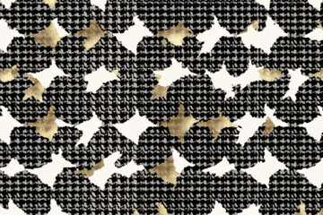 A sleek black and white houndstooth pattern with a modern twist, featuring subtle gold accents for a touch of luxury. The crisp design makes it versatile for fashion and decor.