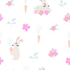 Obraz premium Easter seamless pattern with rabbit and flowers