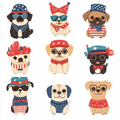 Obraz premium cartoon pugs and puppies dressed in patriotic USA-themed outfits, featuring stars, stripes, hats, and sunglasses, celebrating Independence Day with festive energy.