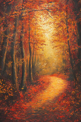 Fototapeta premium A warm autumn landscape featuring a forest path covered in golden leaves. Sunlight filters through the red and orange canopy, casting a magical glow over the peaceful scene.