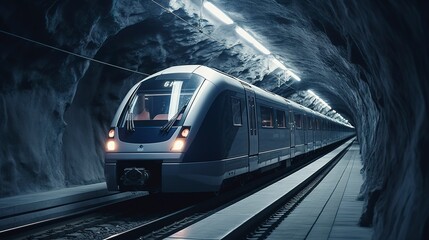 Naklejka premium A photo of a modern metro train entering a tunnel.