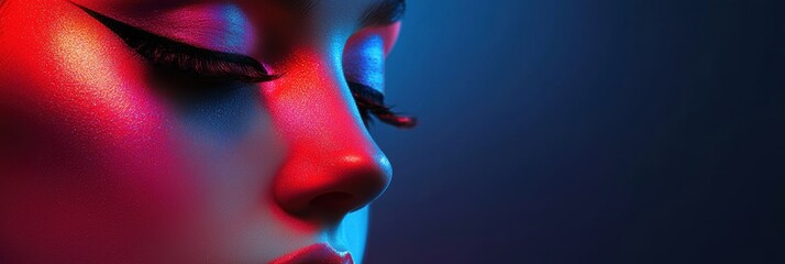 Obraz premium 3d background minimalistic mockup with space for text, vibrant close-up of a womans face with glowing fantasy-like makeup