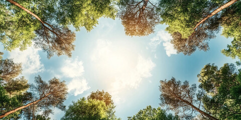 Obraz premium Dramatic Upward View Through Forest Canopy Captures Sunburst Through Leaves