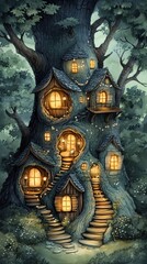 Enchanting treehouse village with glowing windows surrounded by lush greenery, perfect for a magical atmosphere.