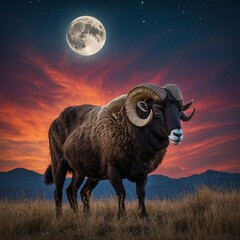 A majestic ram silhouetted by a full moon and vibrant sunset sky.