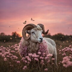 A dreamy ram surrounded by butterflies under a soft pink sunset.