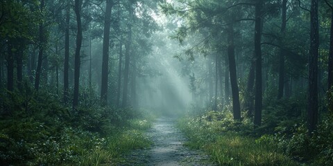 Fototapeta premium 3d background minimalistic mockup with space for text, deep forest path surrounded by tall trees with misty light filtering through