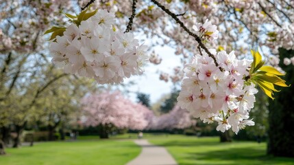 Fototapeta premium Blooming cherry and almond trees fill the park with vibrant colors on a sunny day, inviting visitors to enjoy nature s beauty