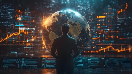 International trade and market dominance, businessman with a futuristic globe, rising financial indicators, vector