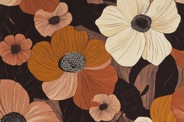 A retro 1970s inspired floral pattern, featuring large, wavy flowers in earthy tones of orange, brown, and mustard. The hand drawn feel and organic shapes make it a nostalgic yet stylish design.