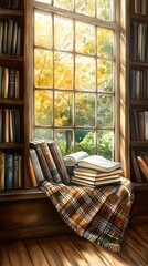 Fototapeta premium Warm and cozy reading nook by a sunlit window with books and a soft blanket, ideal for relaxation and enjoyment.