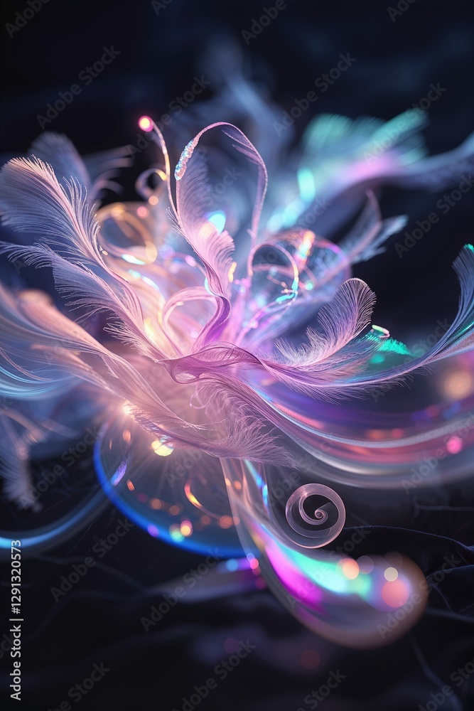 Poster colorful abstract flower with glowing elements in a dark background, creating a mesmerizing visual d