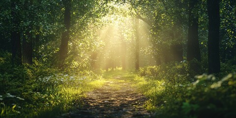 Obraz premium 3d background minimalistic mockup with space for text, soft-focus morning sunbeams illuminating a fresh forest trail