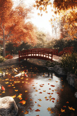 A tranquil Japanese garden in autumn, with a red wooden bridge arching over a koi pond filled with floating golden leaves. The soft sunlight filters through the maple trees, casting warm, dappled