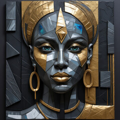 Abstract Woman Portrait, Gold Accents, Modern Art