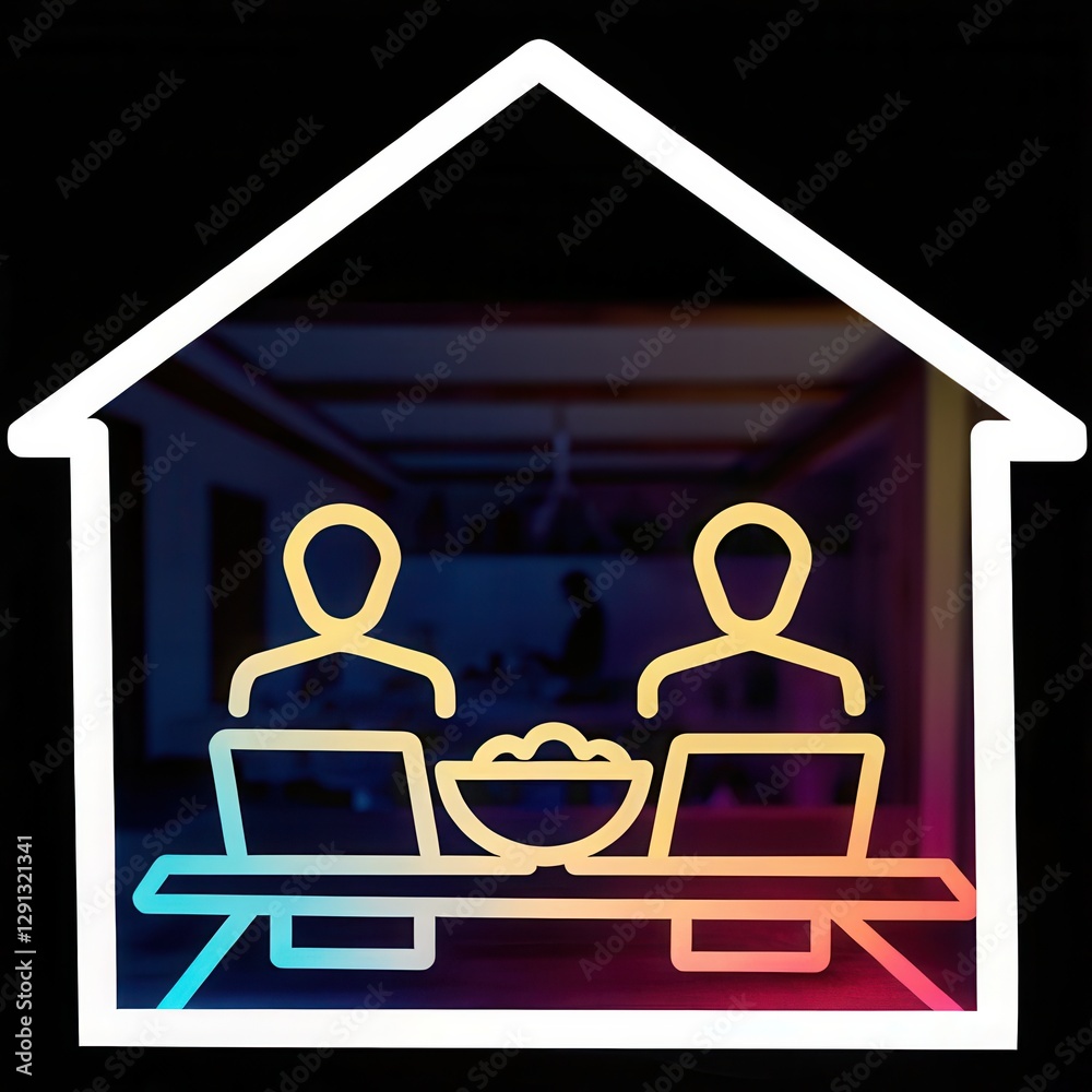 Poster a stylized outline of two people working on laptops at a table within a house, suggesting a collabor