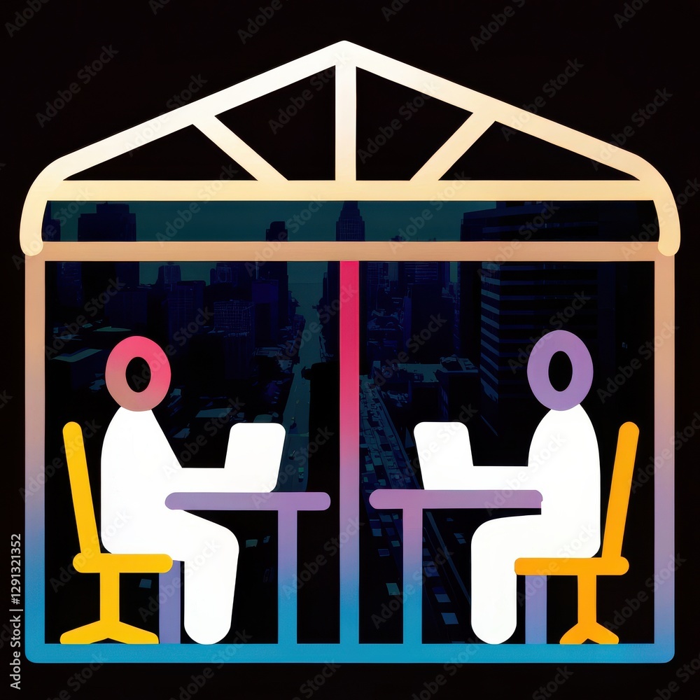 Aufkleber two figures work at desks in a stylized office setting, symbolizing collaboration and productivity.