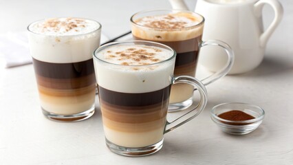 Coffee served in glass cups with beautiful gradient layers in a cozy setting highlighting rich flavors and textures