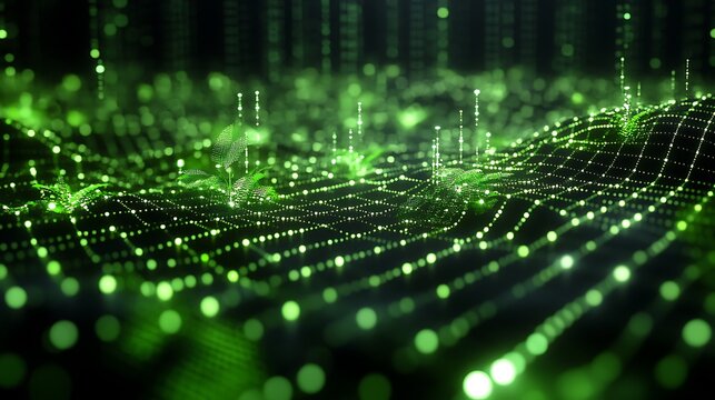 A green digital crop field with lights and growing plants