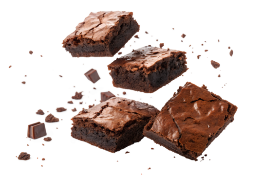 Pieces of chocolate brownies floating or falling in mid air, isolated on white background