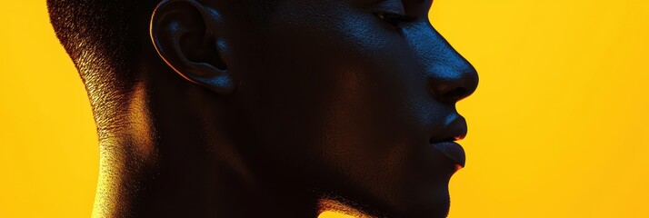 3d background minimalistic mockup with space for text, bold close-up of a man&acirc;???s face with strong directional lighting and shadows