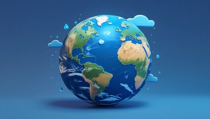Naklejka premium Blue planet Earth in 3d cartoon style on blue gradient background. Water Day or World Oceans Day concept. Earth Day or Saving Water concept