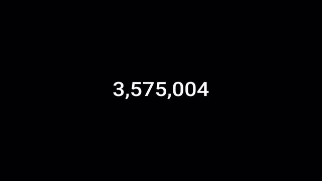 number counter animation 0 to 5,000,000 on a transparent background, five million Animated counting Numbers from 0 to 5,000,000 with alpha channel for likes, views, amount concepts in 4k.