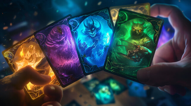 Fantasy-themed magical creature cards glowing in the dark.