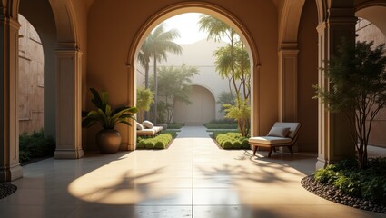 Serene Mediterranean Courtyard with Lush Greenery and Elegant Arches in Warm Sunlight