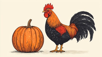 Fototapeta premium A vibrant rooster stands proudly beside a large, ripe pumpkin against a simple background, evoking autumn and farm life.