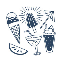 Summer Sips & Sweet Treats, Fun Refreshment, Summer food collection Silhouettes Vector Clipart Isolated Illustration