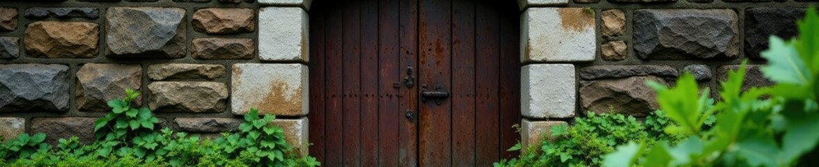 rusty metal gate leans against weathered stone wall with moss and lichen, lichen,, natural