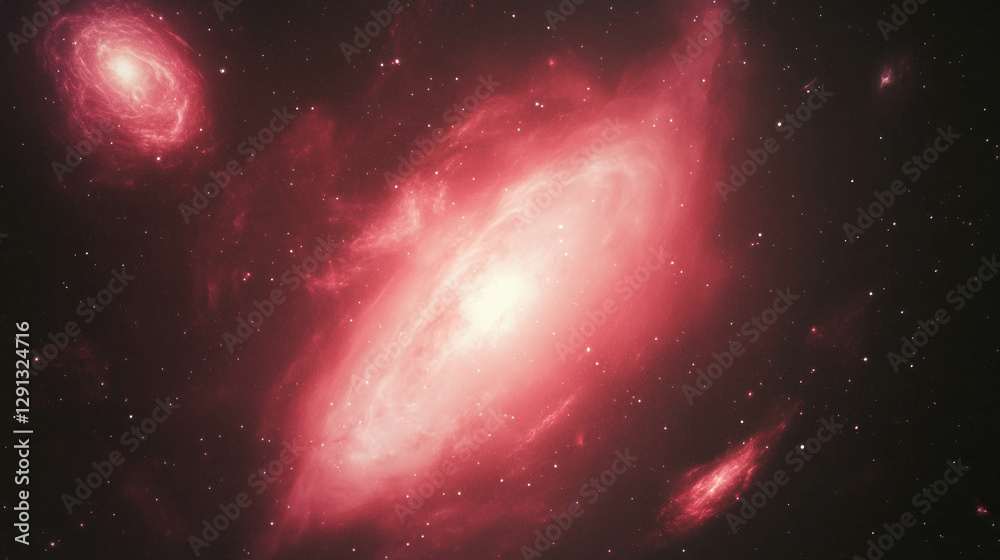 Poster cosmic nebula with distant star clusters in glowing red space background