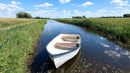 Obraz premium Rowboat on tranquil canal, sunny day, rural landscape, peaceful scene, nature photography