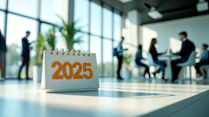 Fototapeta premium close-up view of a 2025 desk calendar with blurred business people in the background