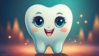A friendly tooth character with large eyes smiles brightly, encouraging healthy dental habits.
