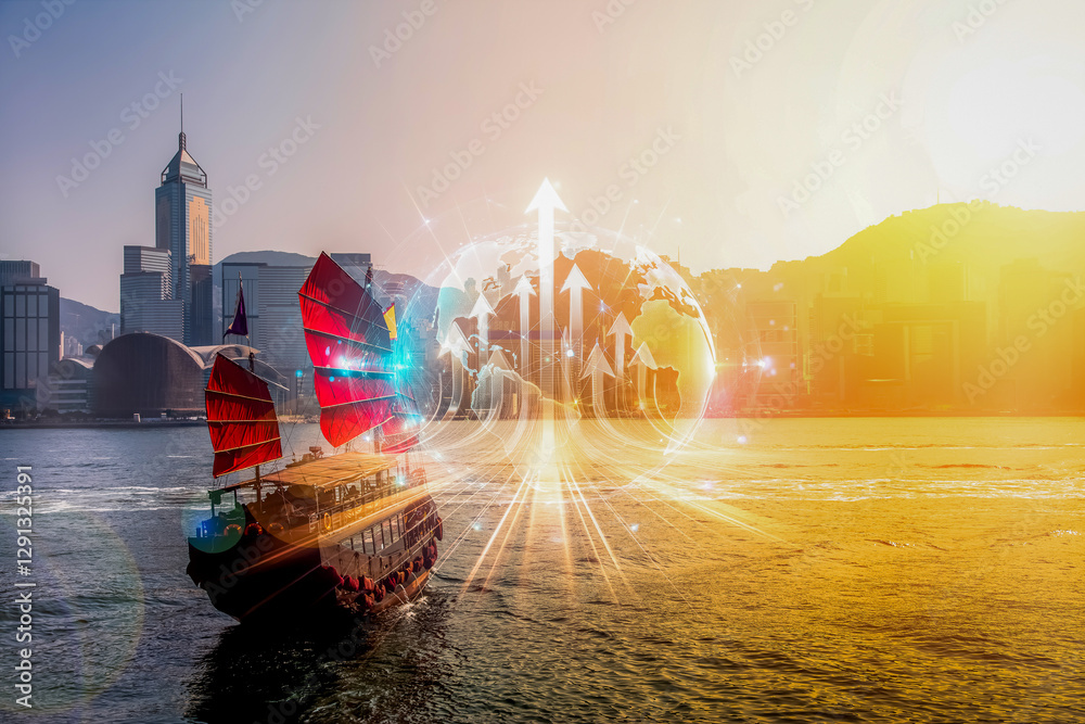Poster Hong Kong harbor view at sunset with a junk boat sailing towards a glowing globe and upward arrows, depicting a business growth concept.
